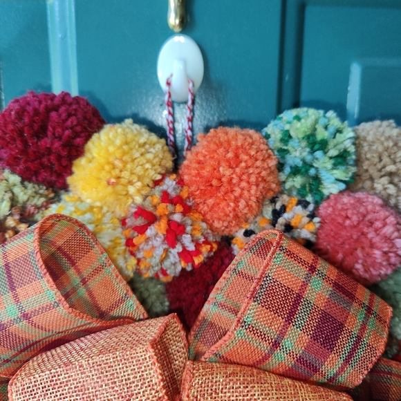 Handmade Boho Fall Colors Heart Pom Pom Door / Wall Wreath - Picture 4 of 6
